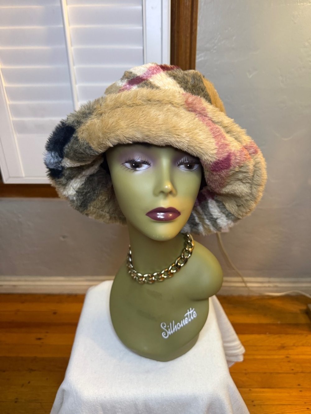 Faux Fur Plaid Bucket Hat - Beige Pink Multi